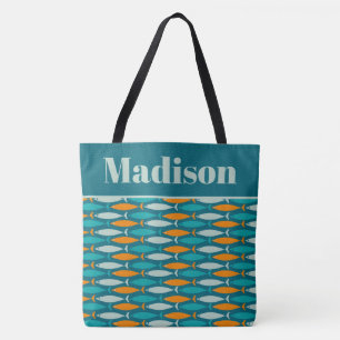 Retro vispatroon turquoise kust gepersonaliseerd tote bag