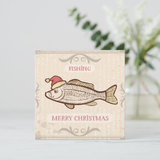 Retro Vist kerstvis in Santa Hat Feestdagenkaart (Staand voorkant)