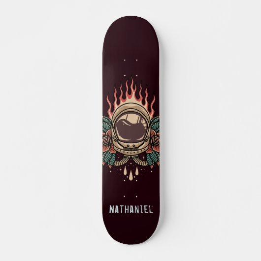 Retro Vlammende Astronaut Rozen Gepersonaliseerde Persoonlijk Skateboard (Voorkant)