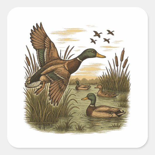 Retro-vliegende-wildeman-eend-jacht Vierkante Sticker (Voorkant)