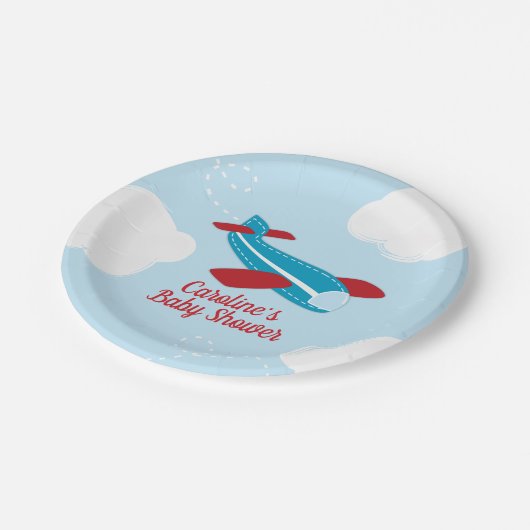 Retro Vliegtuig Baby shower in rood en blauw Papieren Bordje (Gekanteld)