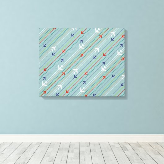 Retro Vliegtuig Patroon Uitgerekte Canvas Print (Insitu (Houten vloer))