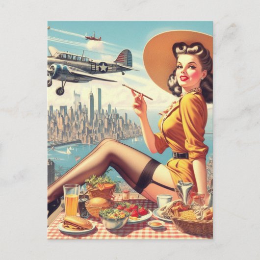 Retro Vliegtuig Pin-up Illustratie Briefkaart (Voorkant)