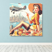 Retro Vliegtuig Pin-up Illustratie Canvas Afdruk (Insitu (Houten vloer))