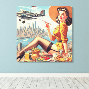 Retro Vliegtuig Pin-up Illustratie Canvas Afdruk
