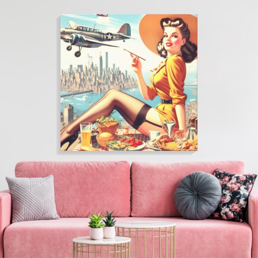Retro Vliegtuig Pin-up Illustratie Canvas Afdruk (Insitu (Woonkamer))