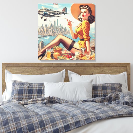 Retro Vliegtuig Pin-up Illustratie Canvas Afdruk (Insitu (Slaapkamer))