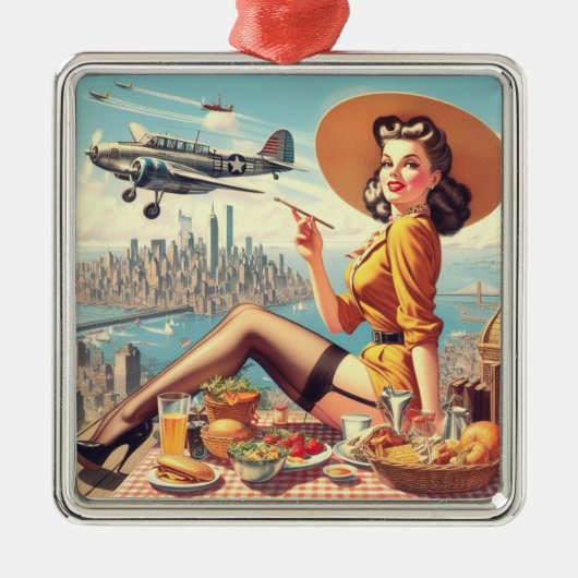 Retro Vliegtuig Pin-up Illustratie Metalen Ornament (Voorkant)