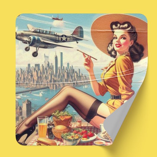Retro Vliegtuig Pin-up Illustratie Vierkante Sticker