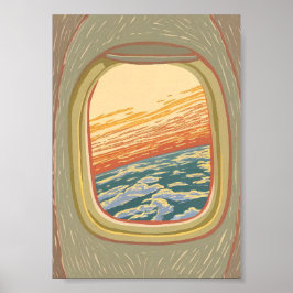 Retro Vliegtuig Raam Uitzicht Zonsondergang Wolken Poster