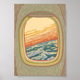 Retro Vliegtuig Raam Uitzicht Zonsondergang Wolken Poster