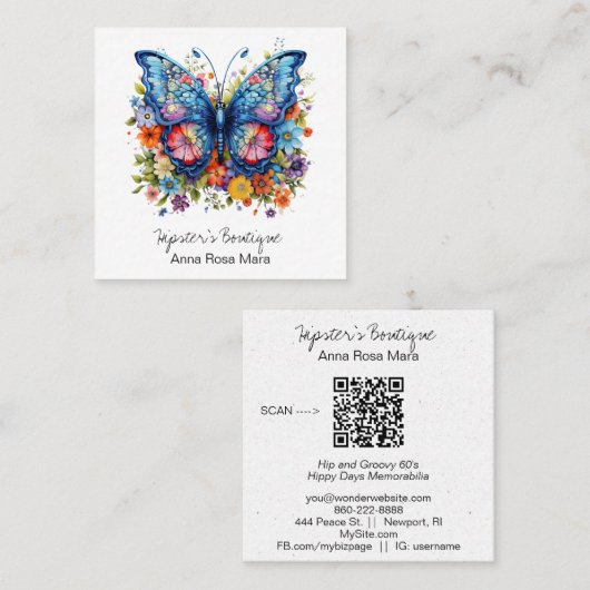 *~* Retro Vlinder AP57 Boho QR  Flowers Vierkante Visitekaartje (Voorkant / Achterkant)