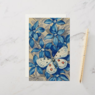 Retro, vlinder op blauwe bloemen achtergrond briefpapier