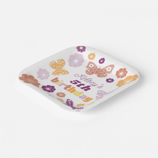 Retro vlinder verjaardagsfeestje papieren bordje (Gebogen)