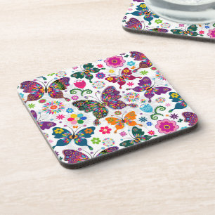 Retro vlinders en bloemen kleurrijk patroon onderzetter