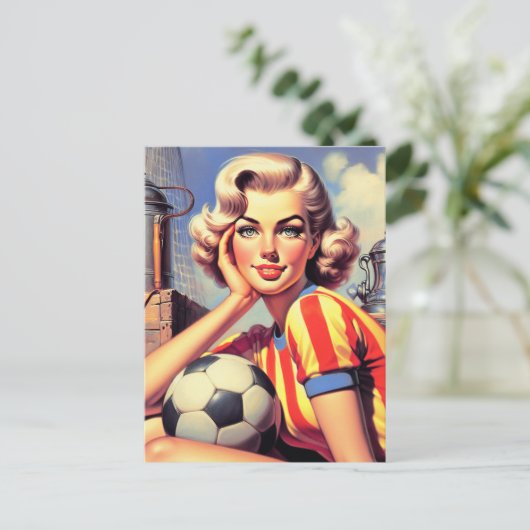 Retro Voetbal Pin Up Briefkaart (Staand voorkant)