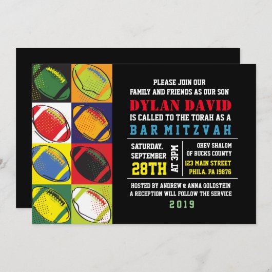 Retro voetbal themed bar mitswa uitnodiging (Voorkant / Achterkant)