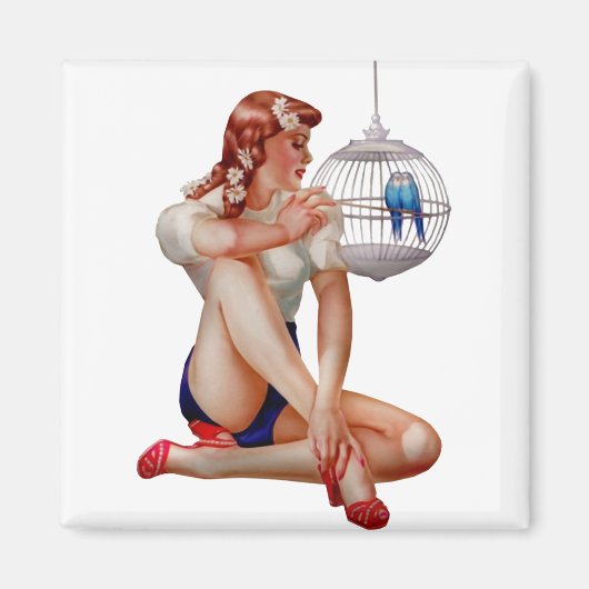 Retro  Vogelkooi Pinup Girl Magneet (Voorkant)