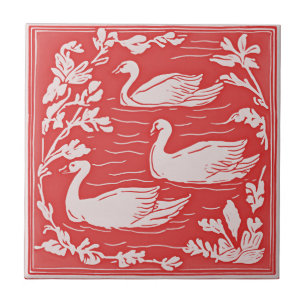 Retro Vogels  Art Nouveau Zwanen Rood Art Deco Tegeltje