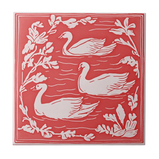 Retro Vogels  Art Nouveau Zwanen Rood Art Deco Tegeltje (Voorkant)