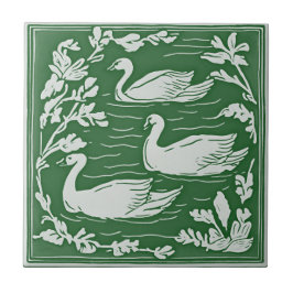 Retro Vogels  Groene Art Nouveau Zwanen Tegeltje