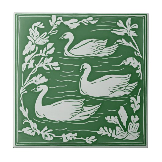 Retro Vogels  Groene Art Nouveau Zwanen Tegeltje (Voorkant)