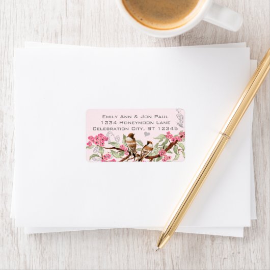 Retro vogels roze kersenbloesem RSVP-labels Etiket (Insitu)