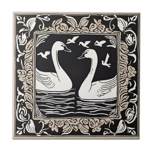 Retro Vogels  zwanen Art Deco Art Nouveau Tegeltje (Voorkant)