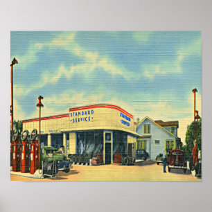 Retro volledig benzinestation poster