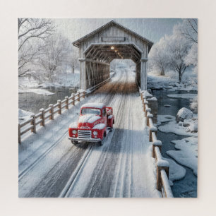 Retro vrachtwagen en winter overdekte brug legpuzzel