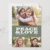 Retro vrede en liefde groene drie foto feestdagenkaart (Voorkant)