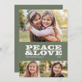 Retro vrede en liefde groene drie foto feestdagenkaart