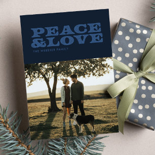 Retro vrede en liefde marineblauwe één foto kerstk feestdagenkaart