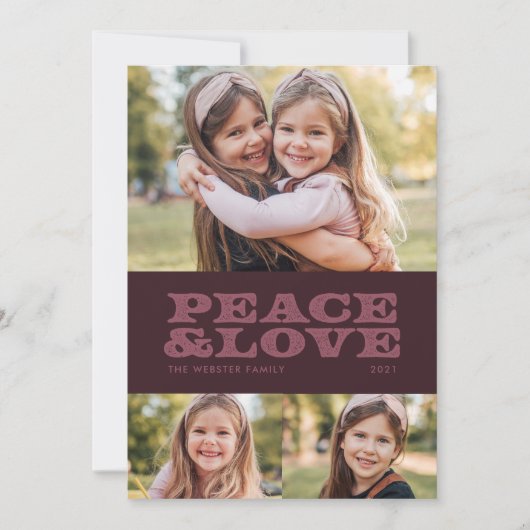 Retro vrede en liefde pruim drie foto feestdagenkaart (Voorkant)