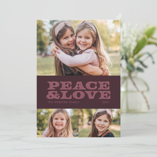 Retro vrede en liefde pruim drie foto feestdagenkaart (Staand voorkant)