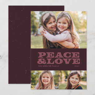 Retro vrede en liefde pruim drie foto feestdagenkaart
