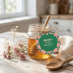 Retro Vredesteken Bloem Groen Roze Baby Shower Bedankjes Labels