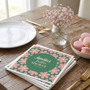 Retro Vredesteken Bloem Groen Roze Baby Shower Servet