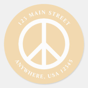 Retro vredesteken geel adreslabel ronde sticker