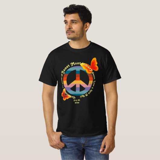 Retro Vredesteken Psychedelische Vlinder Verjaarda T-shirt (Voorkant volledig)