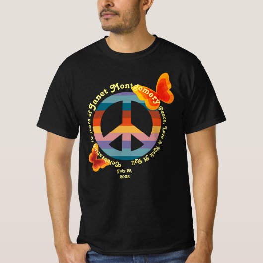 Retro Vredesteken Psychedelische Vlinder Verjaarda T-shirt (Voorkant)