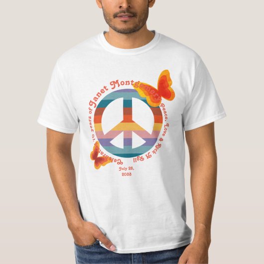 Retro Vredesteken Psychedelische Vlinder Verjaarda T-shirt (Voorkant)