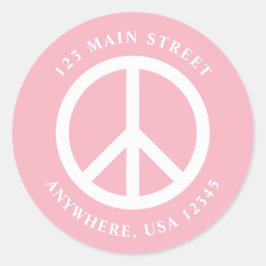 Retro vredesteken roze adreslabel ronde sticker