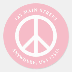 Retro vredesteken roze adreslabel ronde sticker