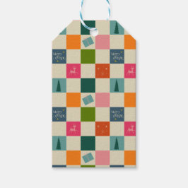 Retro vrolijk en fel kerstcadeaupapier cadeaulabel