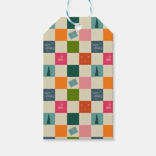 Retro vrolijk en fel kerstcadeaupapier cadeaulabel (Voorkant)