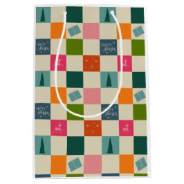 Retro vrolijk en fel kerstcadeaupapier medium cadeauzakje