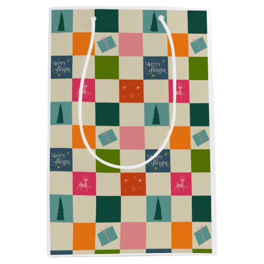 Retro vrolijk en fel kerstcadeaupapier medium cadeauzakje (Voorkant)