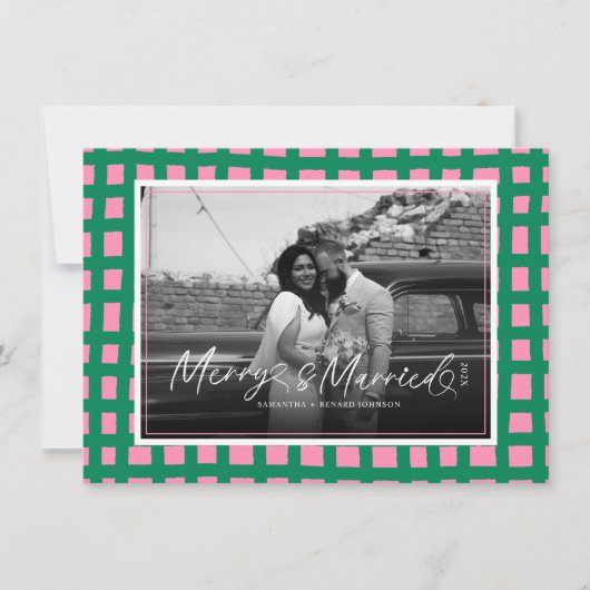 Retro Vrolijk en getrouwd Pas getrouwd Plaid Chris Feestdagenkaart (Voorkant)