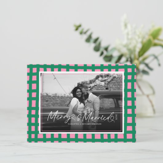 Retro Vrolijk en getrouwd Pas getrouwd Plaid Chris Feestdagenkaart (Staand voorkant)